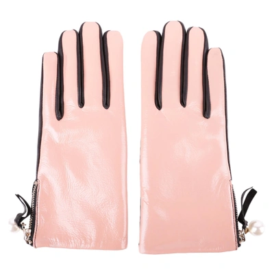 Twinset Leather Gloves In Pink - Black