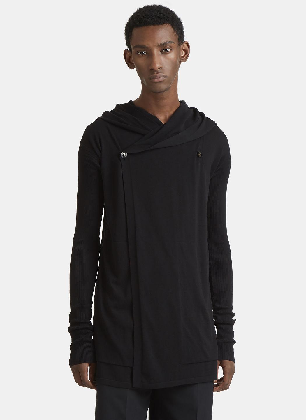 Rick Owens Drape Hooded Cotton Knit Cardigan In Black Modesens