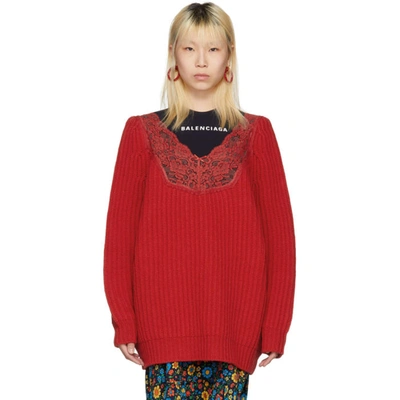 Balenciaga Lingerie Lace-trimmed Ribbed Wool Sweater In Red