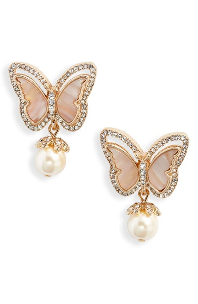 Marchesa Wonder Wings Butterfly Imitation Pearl Drop Earrings In Gold/ Blush/ Cry
