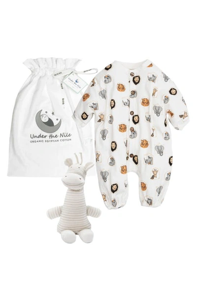 Under The Nile Babies' Animal Print Organic Cotton Romper & Stripe Giraffe Plush Set In Multicolor