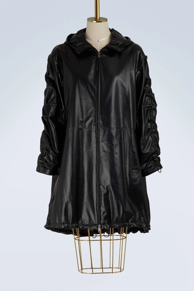 Prada Hooded Leather Parka In Black