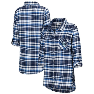 Concepts Sport Deep Sea Blue Seattle Kraken Mainstay Flannel Full-button Long Sleeve Nightshirt