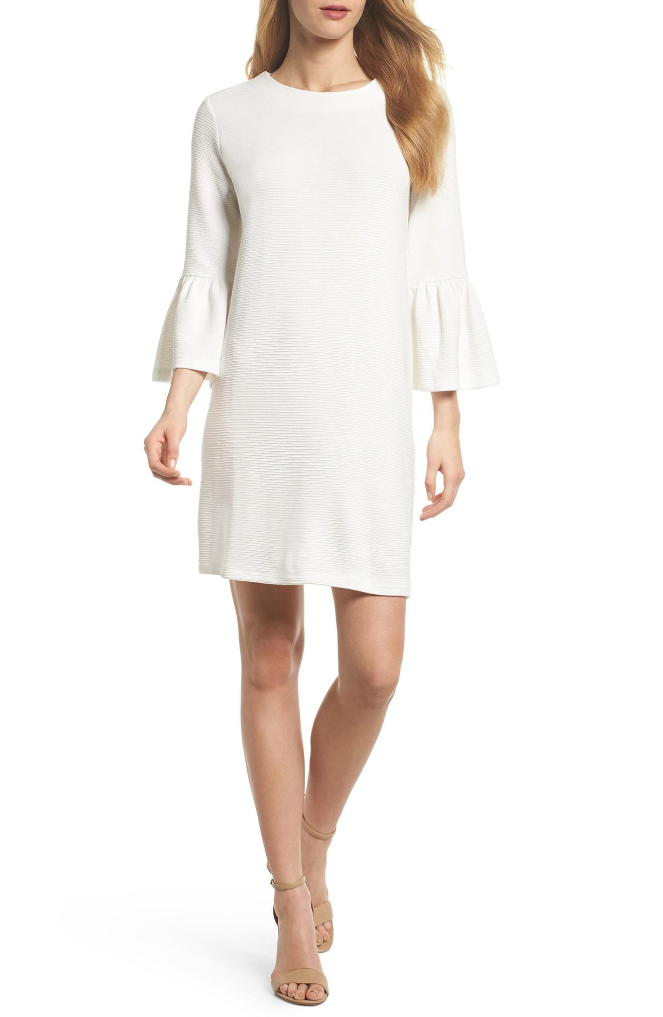 white bell sleeve shift dress