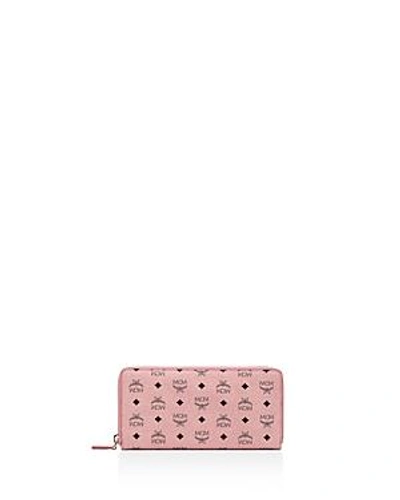 Mcm Zip Around Large Leather And Canvas Wallet In Light Pink