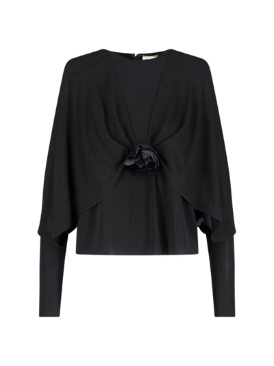 Saint Laurent Flower Detail Crepe Jersey Top In Black