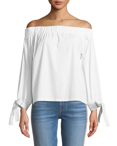 7 For All Mankind Off-the-shoulder Tie-cuff Poplin Top In White