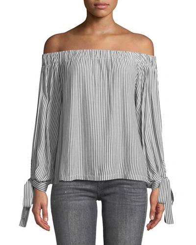 7 For All Mankind Off-the-shoulder Tie-cuff Striped Top In Gray/white