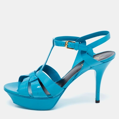 Pre-owned Saint Laurent Blue Patent Leather Tribute Ankle Strap Sandals Size 39