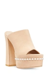 Stuart Weitzman Skyhigh Suede Pearly Platform Sandals In Adobe