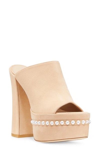Stuart Weitzman Skyhigh Suede Pearly Platform Sandals In Adobe