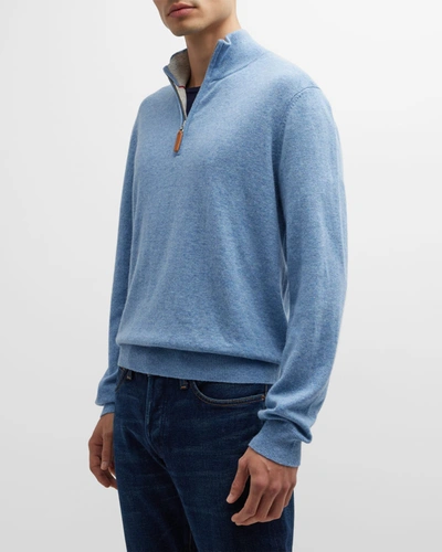 Neiman Marcus Men's Wool-cashmere 1/4-zip Sweater In Ltblu