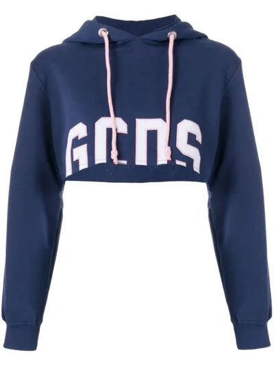 Gcds Hooded Cotton Cropped Sweatshirt In Blue