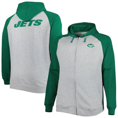 Profile Men's Heather Gray New York Jets Big And Tall Fleece Raglan Full-zip Hoodie Jacket