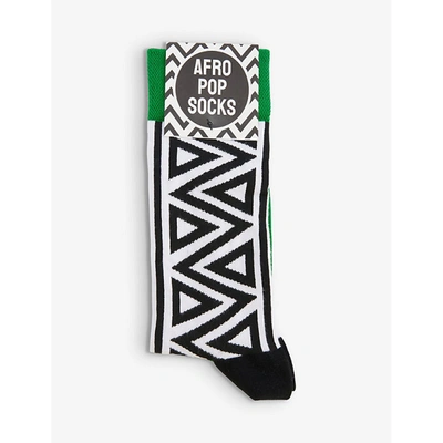 Afropop Socks Triangles Geometric-print Stretch-cotton Blend Socks In Green/white