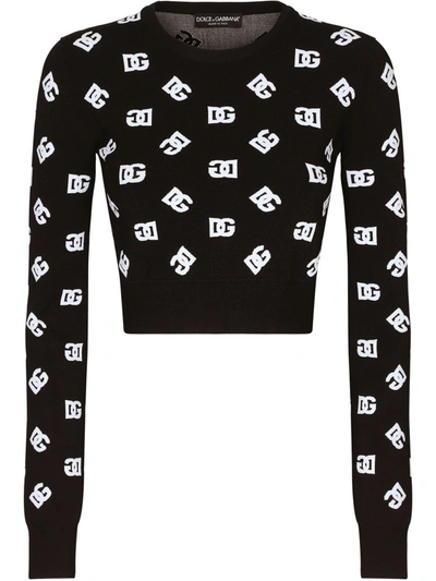 Dolce & Gabbana Dg Logo Jacquard Cropped Sweater In White/black