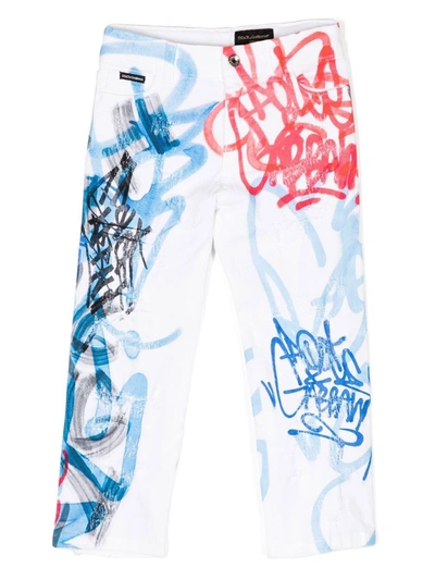 Dolce & Gabbana Kids' Graffiti-print Five-pocket Jeans In Multicolour