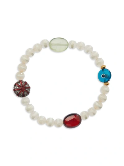 Ileana Makri Globetrotter Diamond, Tibetan Agate & Semi-precious Beaded Stretch Bracelet In White