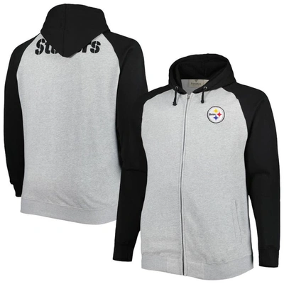 Profile Men's Heather Gray Pittsburgh Steelers Big And Tall Fleece Raglan Full-zip Hoodie Jacket