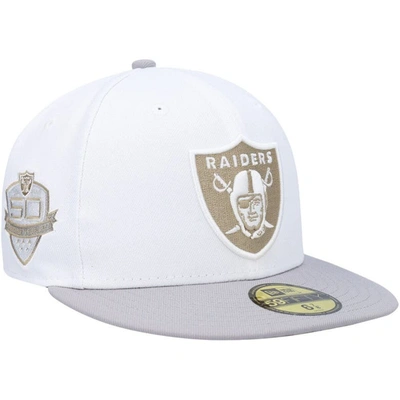 New Era Men's  White, Gray Las Vegas Raiders 50th Anniversary Gold Undervisor 59fifty Fitted Hat In White,gray