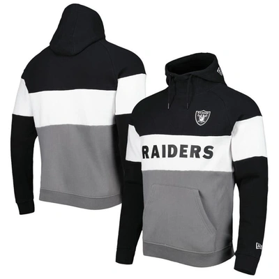 New Era Men's  Silver And Black Las Vegas Raiders Colorblock Current Pullover Hoodie In Silver,black