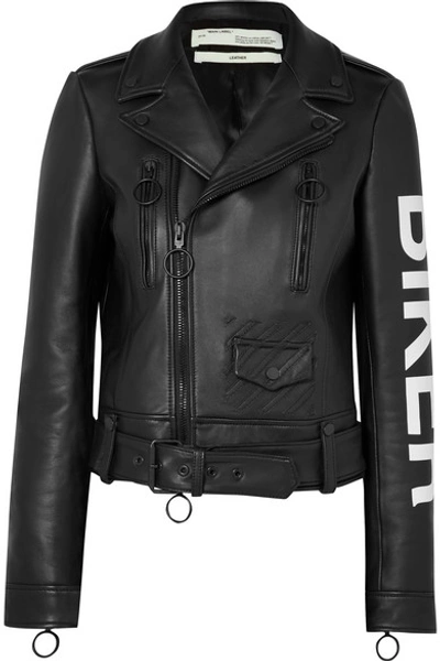Off-white Printed Leather Biker Jacket In Black