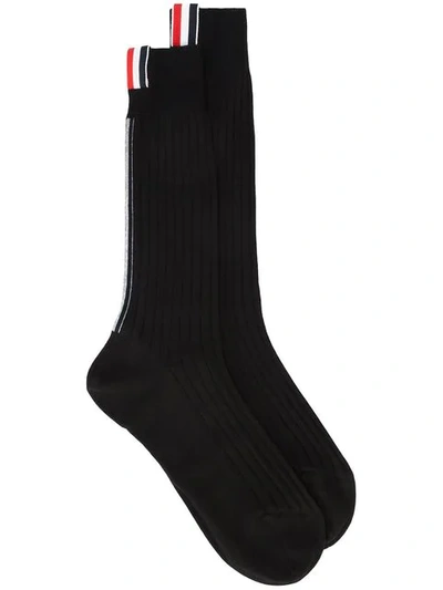 Thom Browne Ribbed Mid Calf Sock With Red, White And Blue Vertical Stripe In Fine Merino Wool - Blac In Black