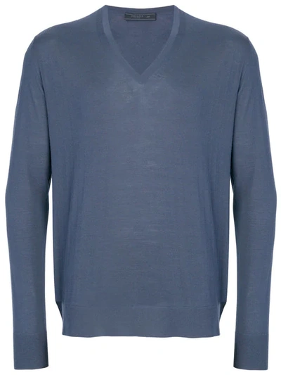 Prada V-neck Pullover In Blue