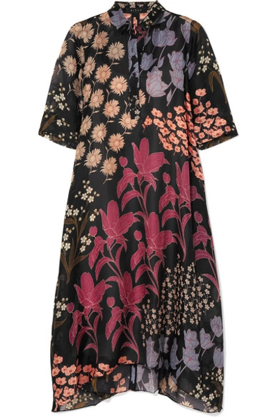 Biyan Allie Floral-print Silk-organza Midi Dress In Black