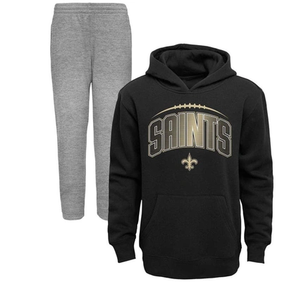 Outerstuff Kids' Toddler Black/heather Grey New Orleans Saints Double-up Pullover Hoodie & Trousers Set