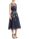 Teri Jon By Rickie Freeman Embroidered Sleeveless A-line Dress In Navy White