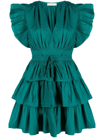 Ulla Johnson Camilla Gathered Tiered-skirt Mini Dress In Verde