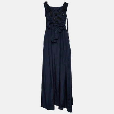 Pre-owned Marni Navy Blue Silk Applique Detail Belted Sleeveless Maxi Dress M