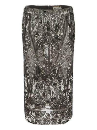 Saint Laurent Paillettes Midi Skirt In Metallic