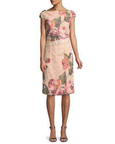 Monique Lhuillier Cap-sleeve Floral-print Lace Cocktail Sheath Dress
