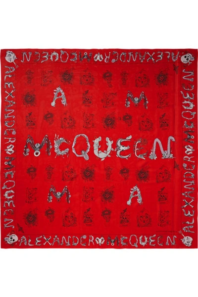 Alexander Mcqueen Printed Silk-chiffon Scarf In Red