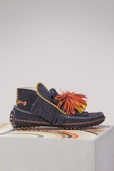 Carven Leather Loafers With Pompoms In Bleu De Prusse