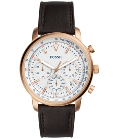 Fossil Men's Chronograph Goodwin Brown Leather Strap Watch 44mm In Brown/ White/ Rose Gold