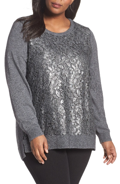 Foxcroft Pixie Metallic Lace Panel Sweater In Slate