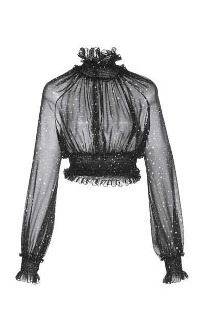 Giambattista Valli Sheer Ruched High Neck Cropped Blouse In Black