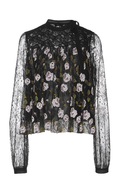 Giambattista Valli High-neck Long-sleeve Floral-print Lace Swing Blouse In Black