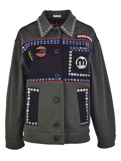 MIU MIU ミリタリージャケット Miu Miu Crystal-embellished Field Jacket In Military | ModeSens