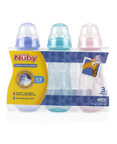 Nuby Babies' Bpa Free Non Drip Bottles, 10oz, 3 Pack, Pink/purple/teal In Assorted Pre Pack