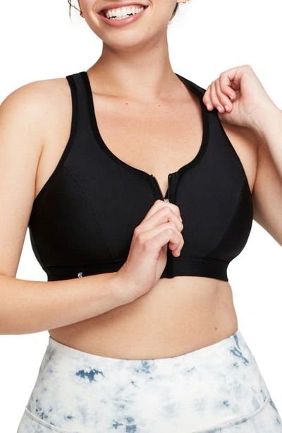 Glamorise Plus Size Full Figure Zip Up Front Closure Sports Wirefree Bra In Black