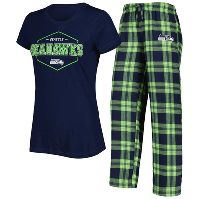 Concepts Sport Women's  College Navy, Neon Green Seattle Seahawks Badge T-shirt And Pants Sleep Set In Navy,neon