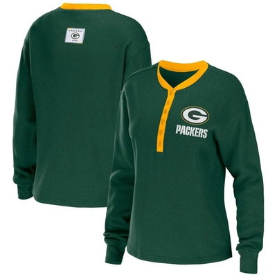 Wear By Erin Andrews Green Green Bay Packers Waffle Henley Long Sleeve T-shirt
