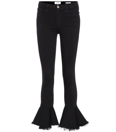 Frame Le Skinny De Jeanne Flounce Ankle Jeans With Raw-edge Hem In Black