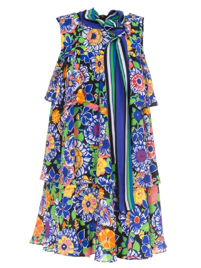 Msgm Floral Tiered Pussy-bow Dress In Multicolor