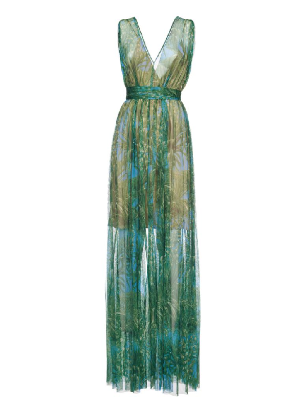 Msgm Tulle Printed Long Dress In Green | ModeSens