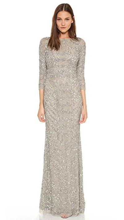 Theia V Back Sequin Gown In Platinum